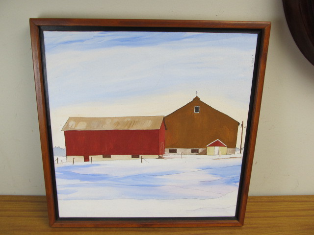 lot 173 image: Vintage Framed Signed Dated Oil on Canvas Barn Painting