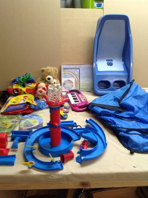 Kid Items - Beach Ball, Stuffed animals, Fisher Price Baby Bath, Speedo Baby Floaty, Barbie Car, Baby Dolls, Fairy Wings, Ball, Misc Toys