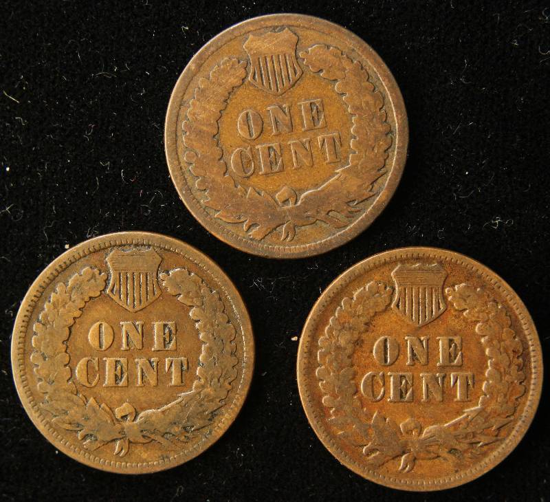 3 INDIAN HEAD CENTS 1883, 1887, 1888 VG-F
