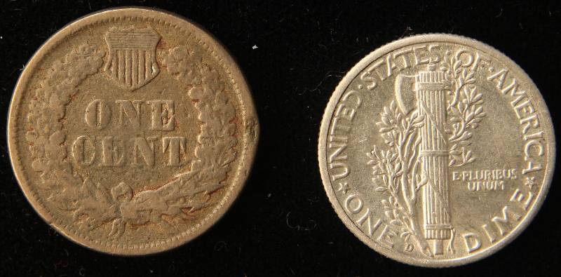 2 US COINS 1863 INDIAN HEAD G, 1942-D MERCURY 10C UNC