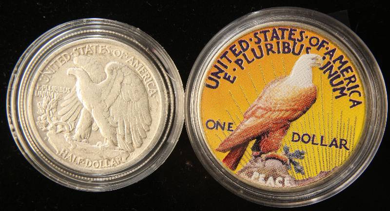 2 SILVER COINS 1922 COLORIZED PEACE DOLLAR & 1942-S WALKING LIBERTY IN AIRTITE