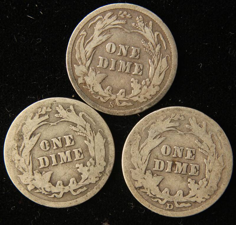 3 SILVER BARBER DIMES 1906-S, 1907, 1914-D