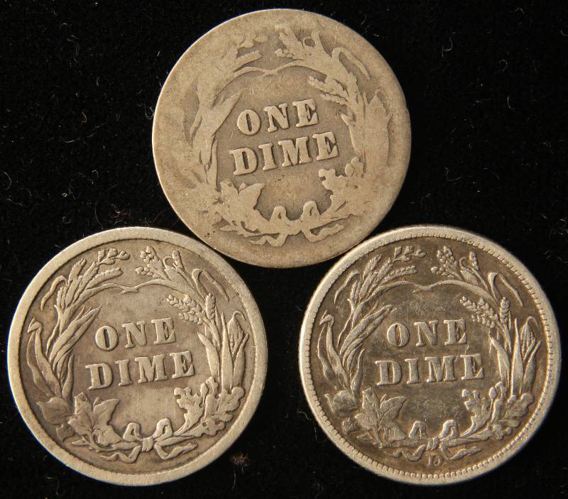 3 SILVER BARBER DIMES 1905, 1908, 1911-D
