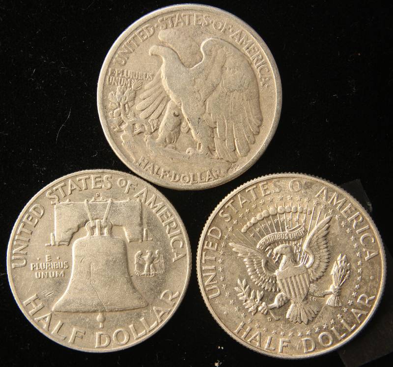 3 SILVER HALF DOLLARS 1942, 1949-D, 1964-D
