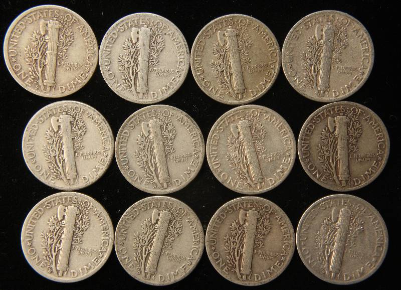 GROUP OF 12 US MERCURY SILVER DIMES F-XF