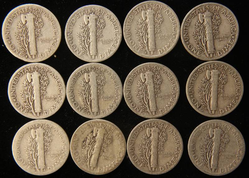 GROUP OF 12 US MERCURY SILVER DIMES VG-XF