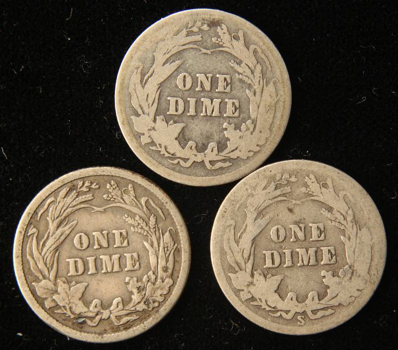 3 SILVER BARBER DIMES 1909, 1914, 1916-S