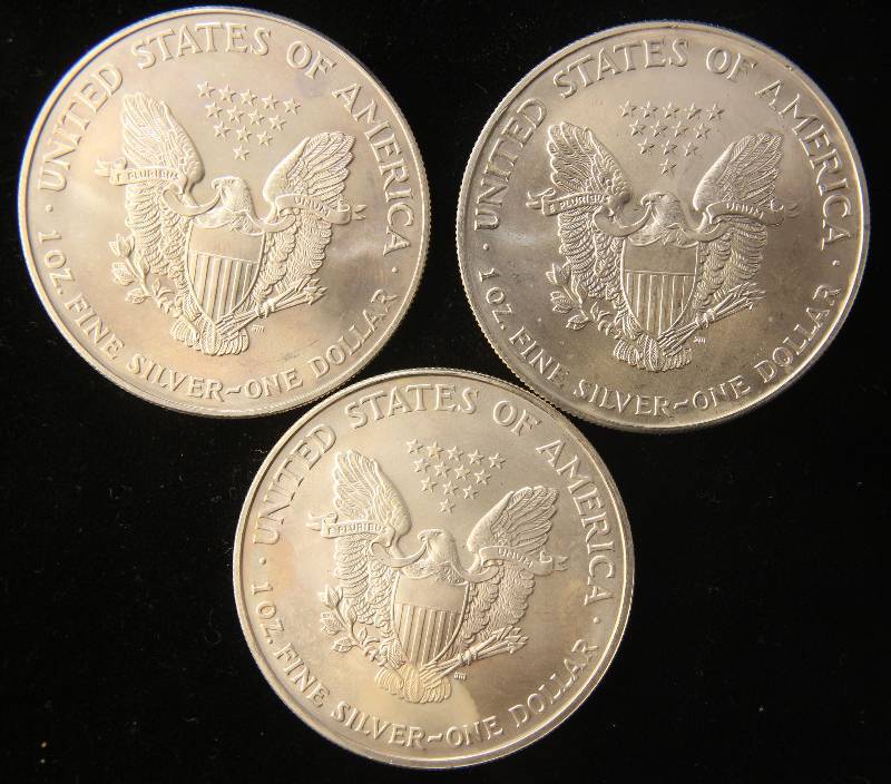 3 AMERICAN SILVER EAGLE 1 TROY OZ. .999 FINE SILVER DOLLARS IN AIRTITES