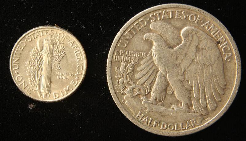 2 US SILVER COINS 1942 50C, 1945 10C VF-AU