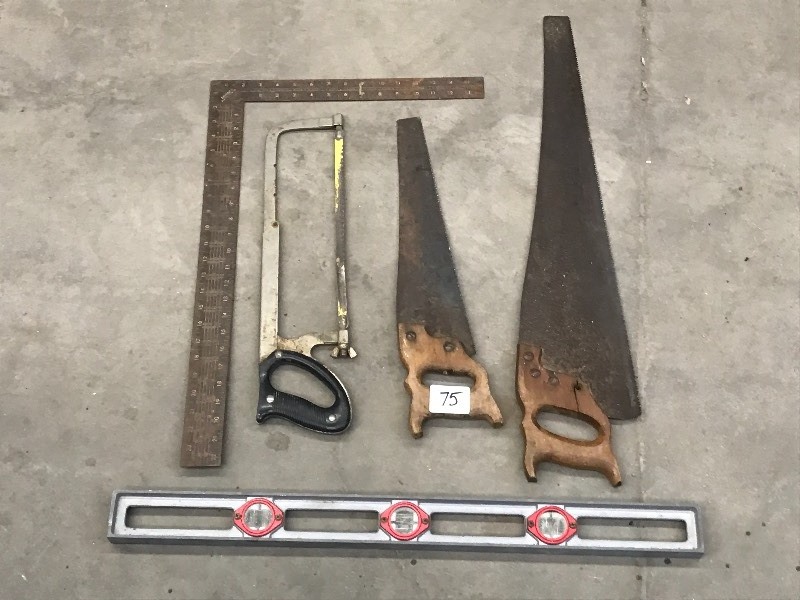 lot 75 image: Lot Of (3) Hand Saws, (1) T-Square...