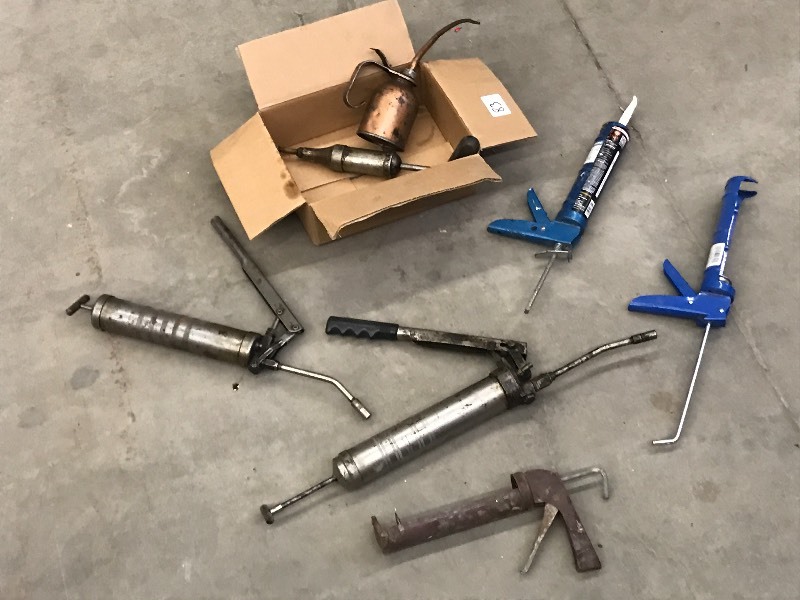 lot 83 image: Box Of Assorted Grease Guns, Caulk ...