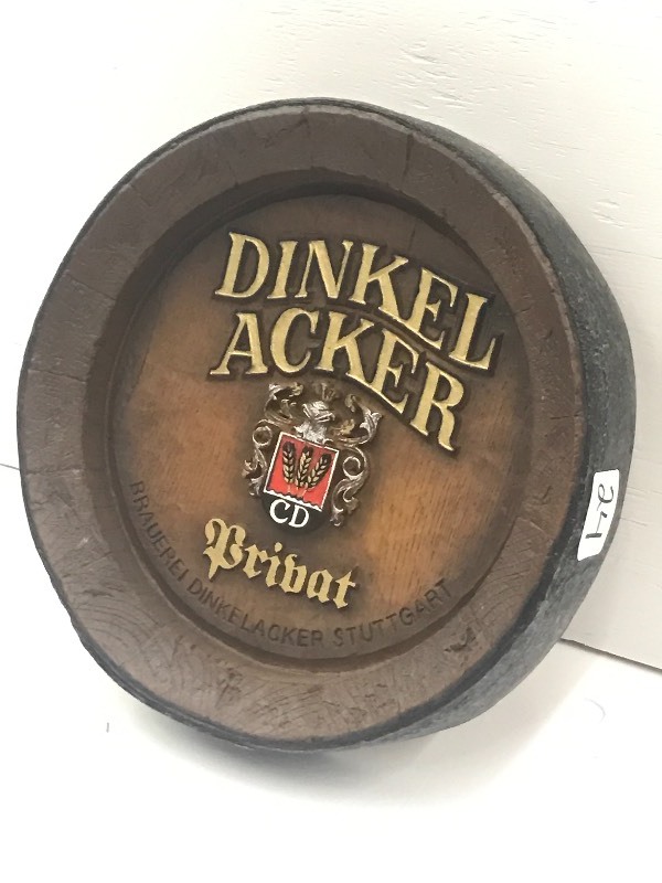lot 24 image: Dinkel Acker Beer Keg Sign, 3x16 ...