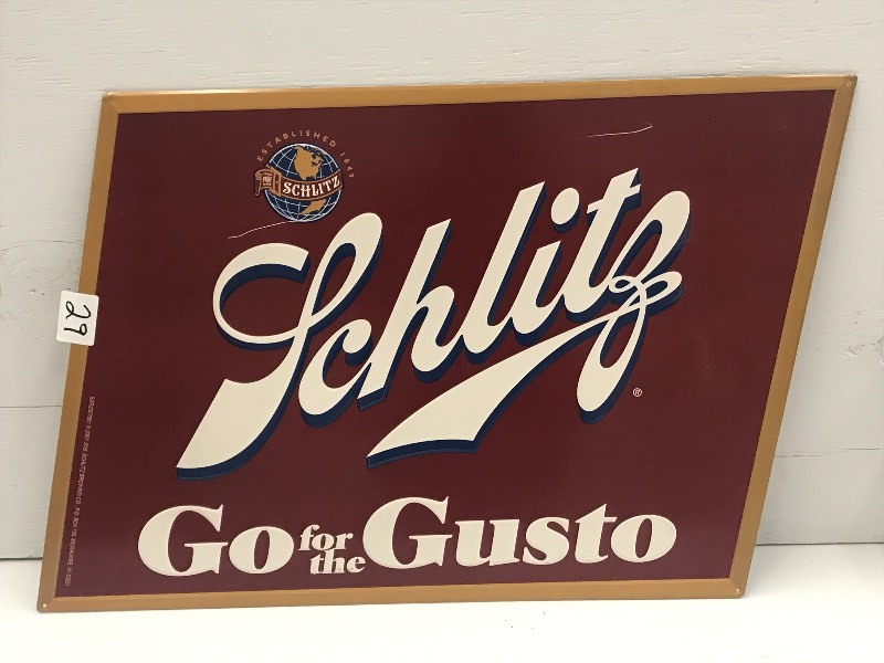 lot 29 image: Schlitz Tin Beer Sign, 20x28 ...