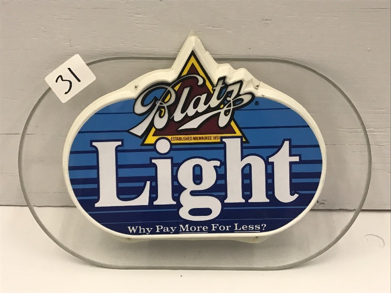 lot 31 image: Blatz Light Beer Sign, 11x17 ...