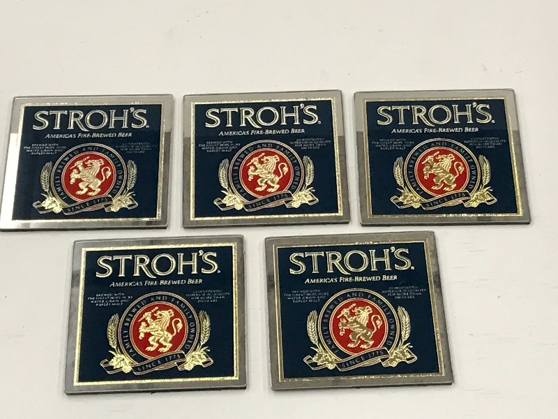 lot 62 image: (5) Strohs Mirrored Glass Coasters,...