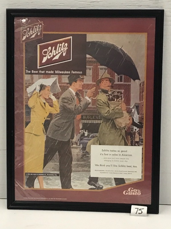 lot 75 image: Schlitz Framed Beer Poster, 20x26...