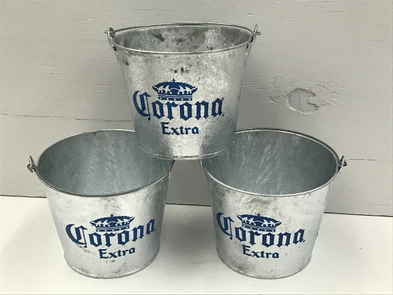 lot 189 image: (3) Corona Extra Galvanized Beer Bu...