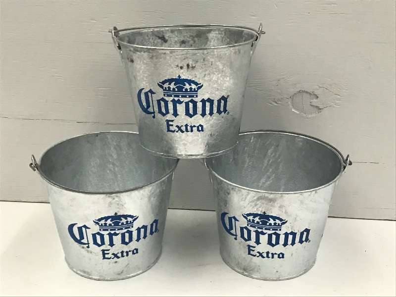 lot 190 image: (3) Corona Extra Galvanized Beer Bu...