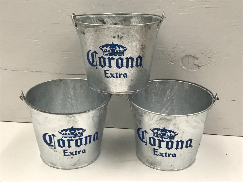 lot 191 image: (3) Corona Extra Galvanized Beer Bu...