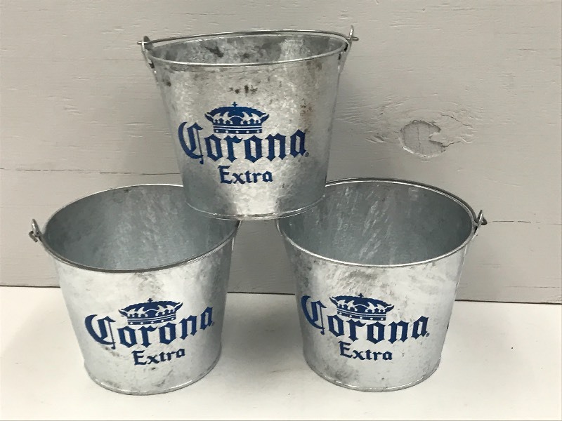 lot 192 image: (3) Corona Extra Galvanized Beer Bu...