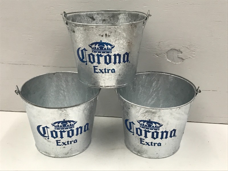 lot 193 image: (3) Corona Extra Galvanized Beer Bu...