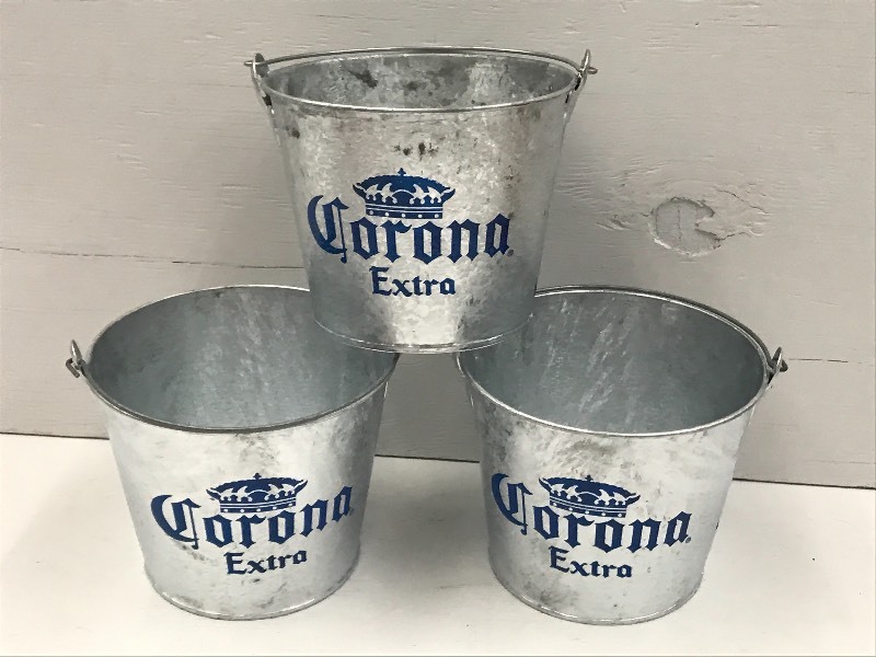 lot 195 image: (3) Corona Extra Galvanized Beer Bu...