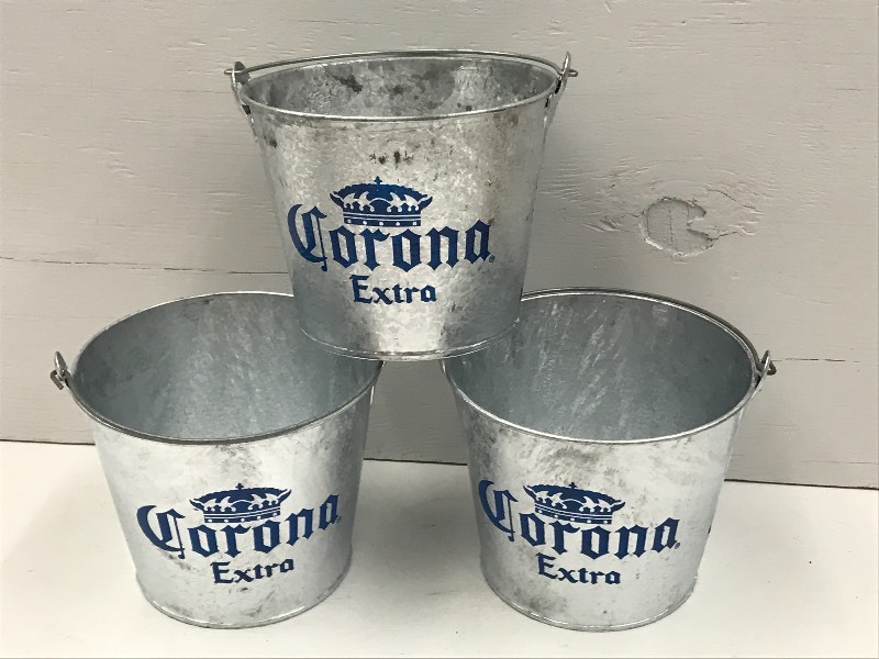 lot 194 image: (3) Corona Extra Galvanized Beer Bu...