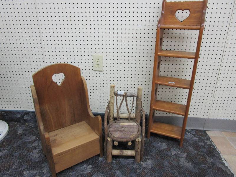 Wood Shelf & 2 Little Wood Chairs