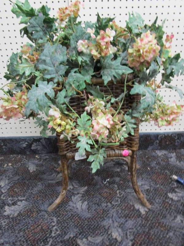 Wicker Plant Stand wArtificial Flowers - 11 H, 9.5 W