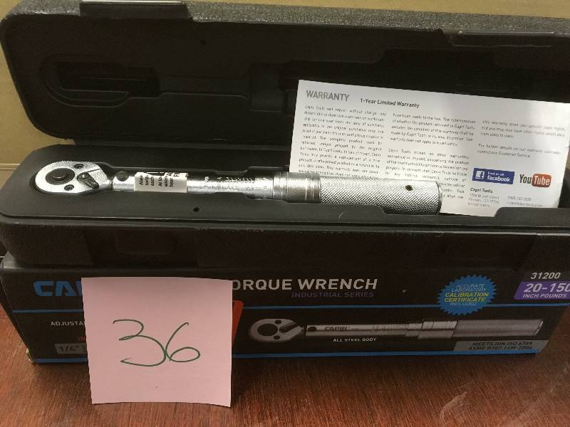 lot 36 image: Capri Tools 14- Inch 20-150 Inch Pound Torque Wrench in like new condition