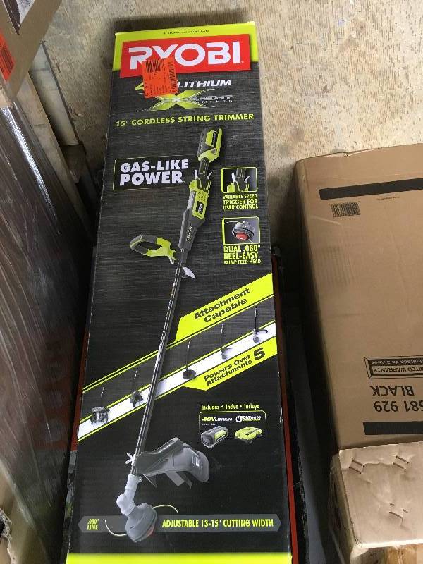 lot 60 image: Ryobi 40 Volt Lithium-Ion 15 in. Cordless String Trimmer  Battery and Charger Inculded