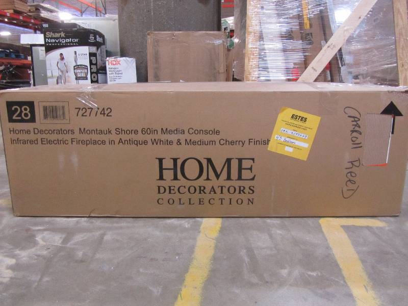 lot 50 image: Home Decorators Collection Montauk Shore 60 in. TV Stand Electric Fireplace in Antique White and Medium Cherry Finish