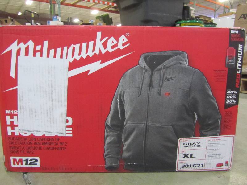 lot 111 image: Milwaukee Mens Extra-Large M12 12-Volt Lithium-Ion Cordless Gray Heated Hoodie Kit
