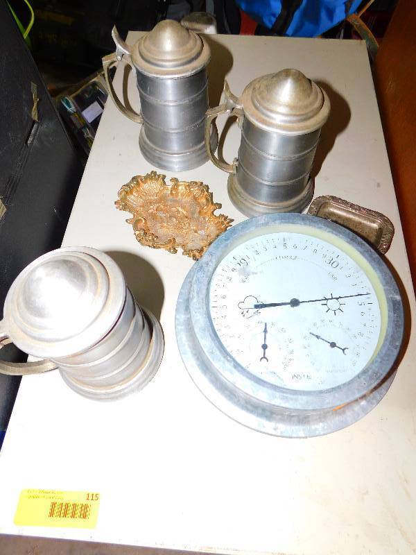 lot 110 image: BEER STEINS, WEATHER GAUGE AND TWO SMALL TRAYS