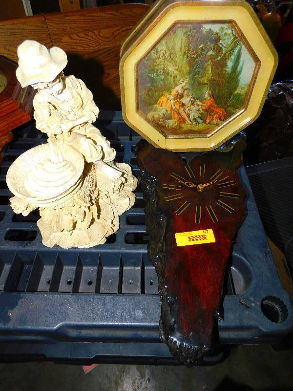 lot 177 image: WOOD CLOCK, FIGURINE AND TIN