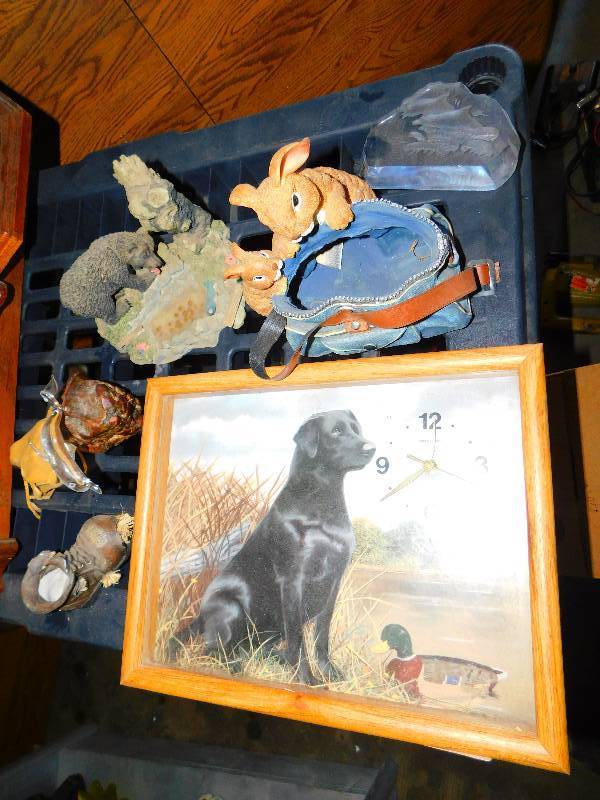 lot 178 image: LAB PICTURE  CLOCK, AND FIGURINES