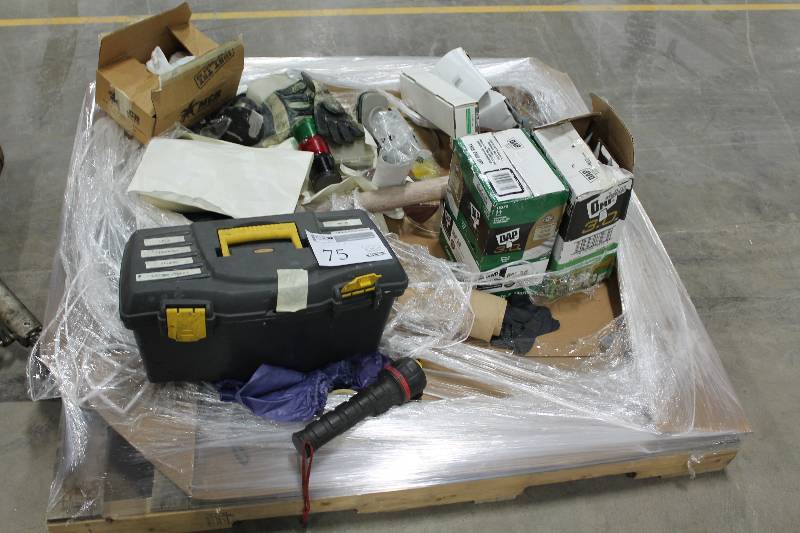lot 75 image: Toolbox, Flashlight, Concrete Sealer, 3M Filter Retainers, Misc Hand Tools, And More