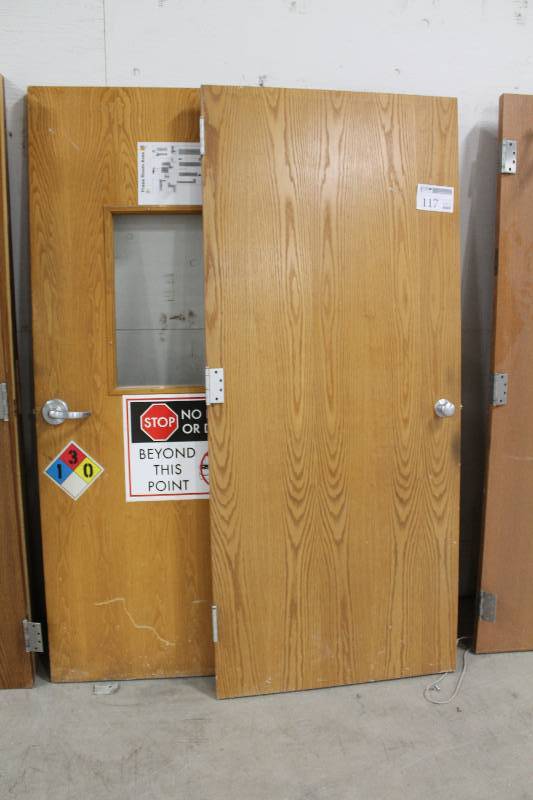 lot 117 image: Lot of (2) Interior Wood Doors w Window, Hardware