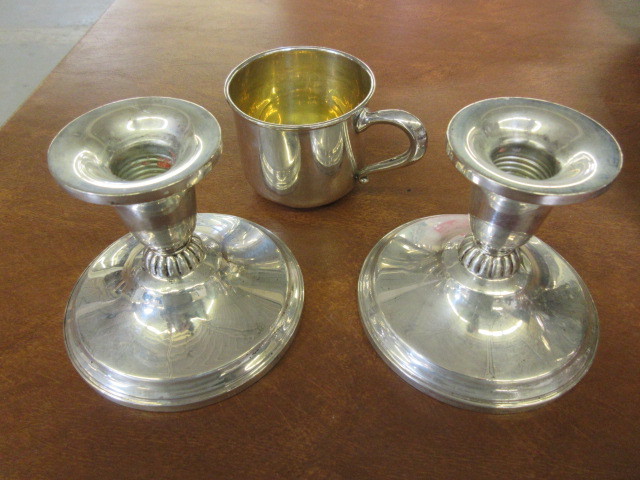 STERLING CANDLE STICK HOLDERS AND BABY CUP