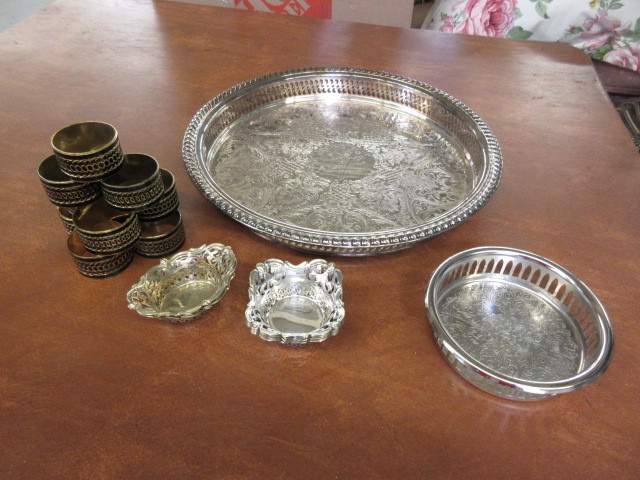 SILVER PLATED SERVING TRAY, NICKEL SILVER NUT CUPS, MORE