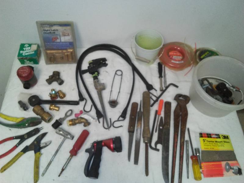 lot 24 image: Crimper Cutter, tools, new deadbolt, brass fitting and more