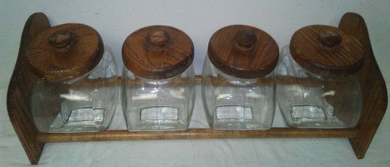 lot 31 image: Vintage Retro Wood and Glass Canister Set