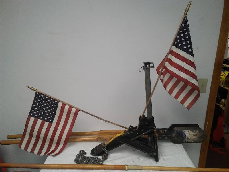 lot 61 image: Flagpole, flags, jack, posthole digger (like new)