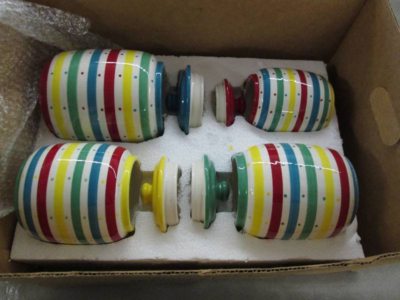 lot 5 image: Ceramic Multicolor Striped 4pc Cani...