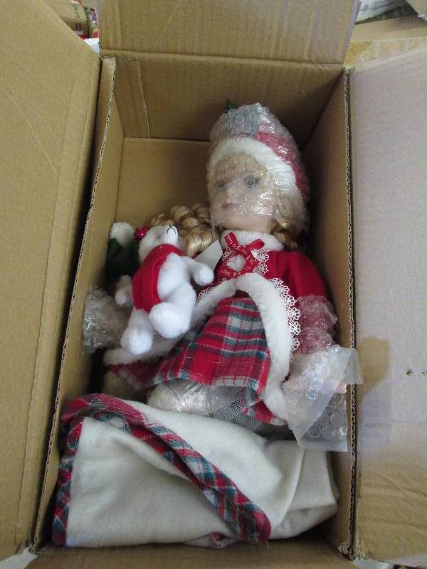 lot 30 image: Porcelain Christmas Doll with Teddy...