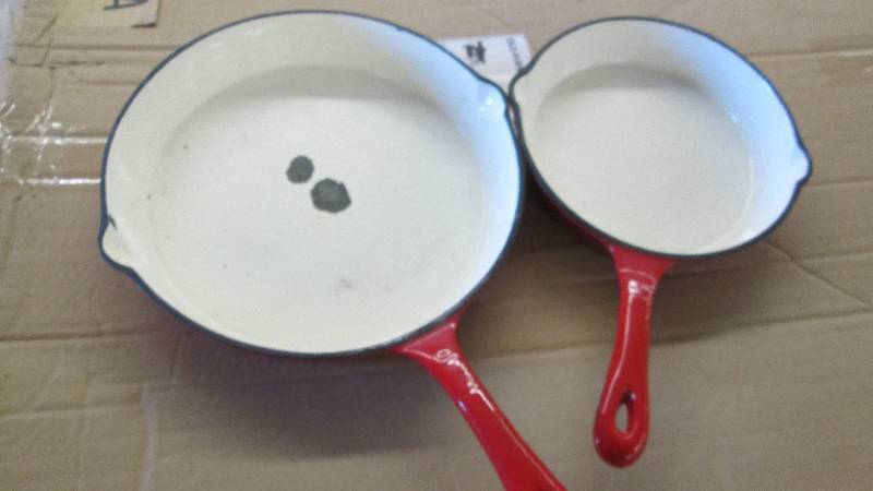 lot 100 image: 2 Enamel Fry Pans -see images...