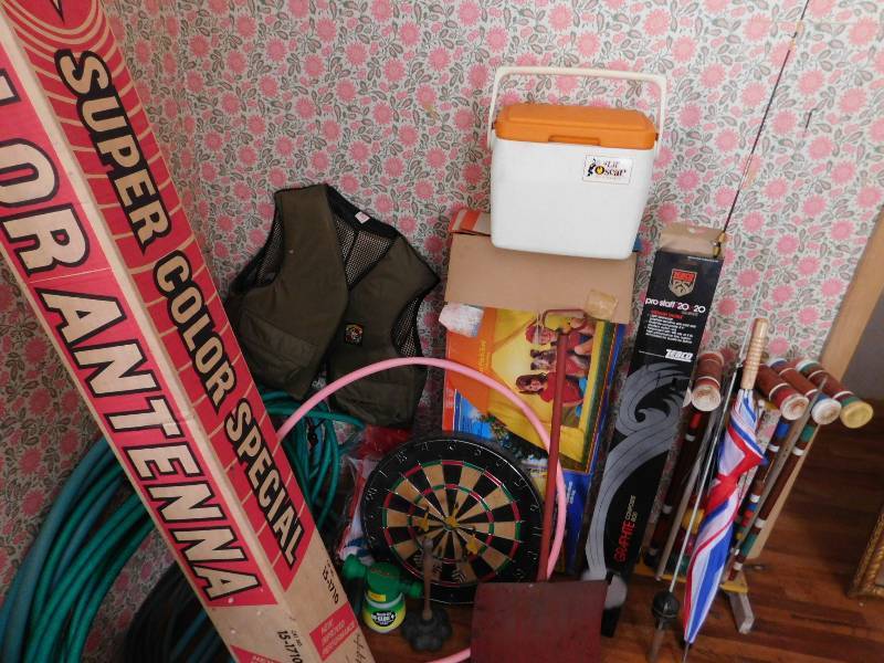 lot 52 image: Misc. Lot of Games, Garden Hoses, Life Vests, Fishing Pole