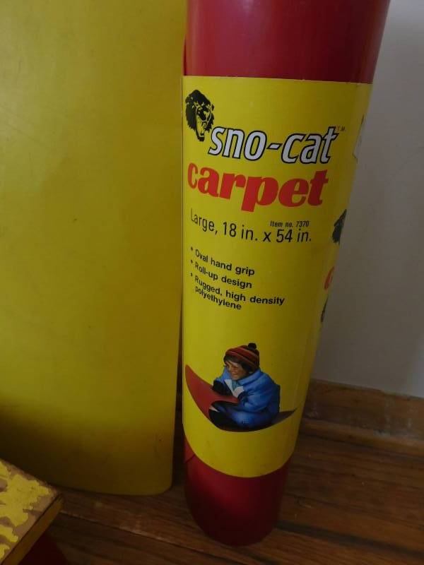 lot 95 image: Vintage Kids Wood Stool & Hammer Set, Plastic Sleds