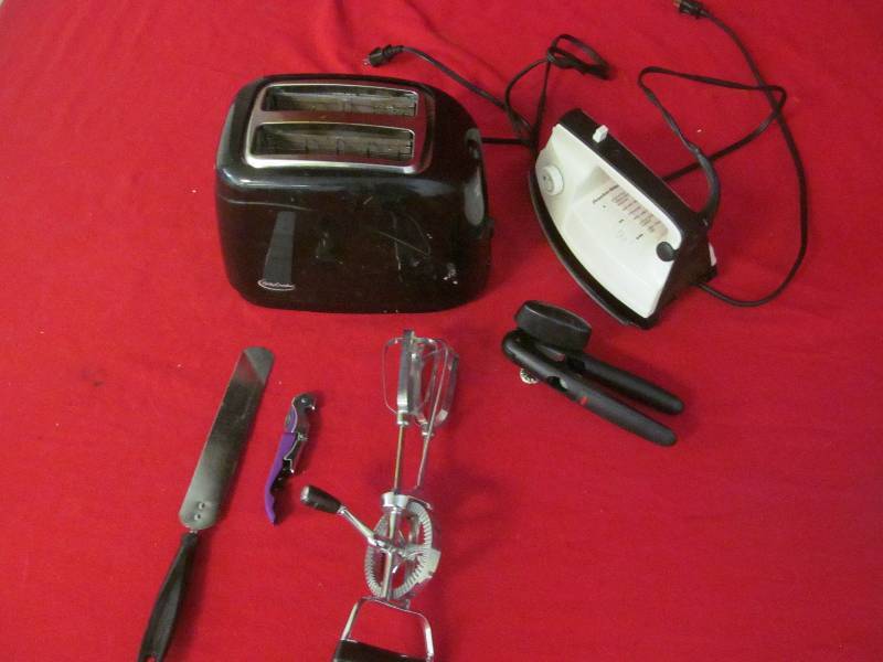 Betty Crocker Toaster, Proctor Silex Iron, can opener, eggbeater