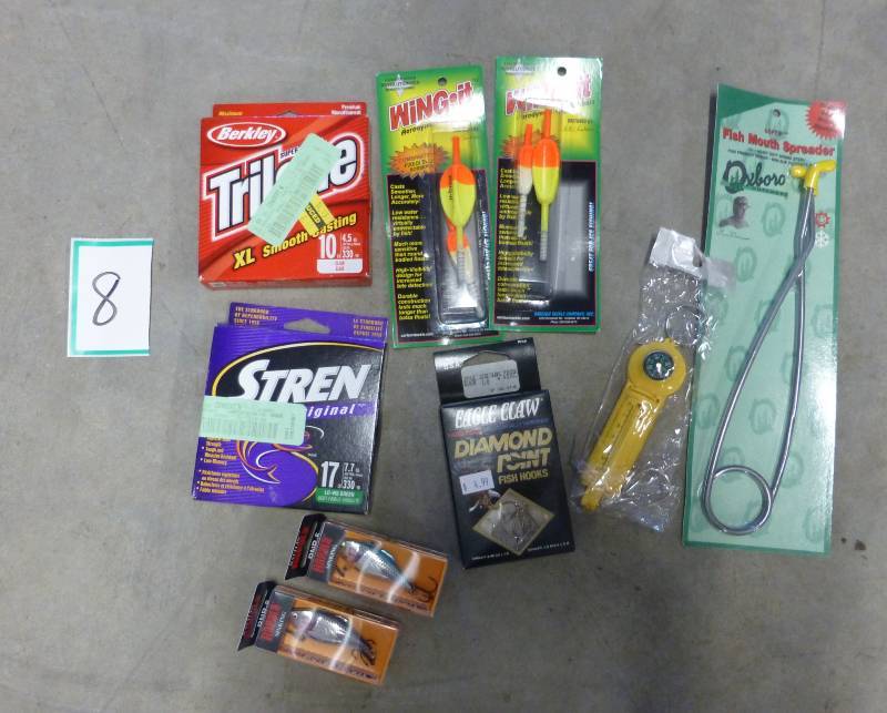lot of fishing items, lures, line, ...